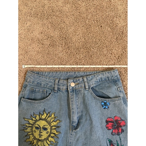 SHEIN Women's Blue Denim Jeans Sun Flower Distressed Ripped Wide Leg M - Picture 1 of 5